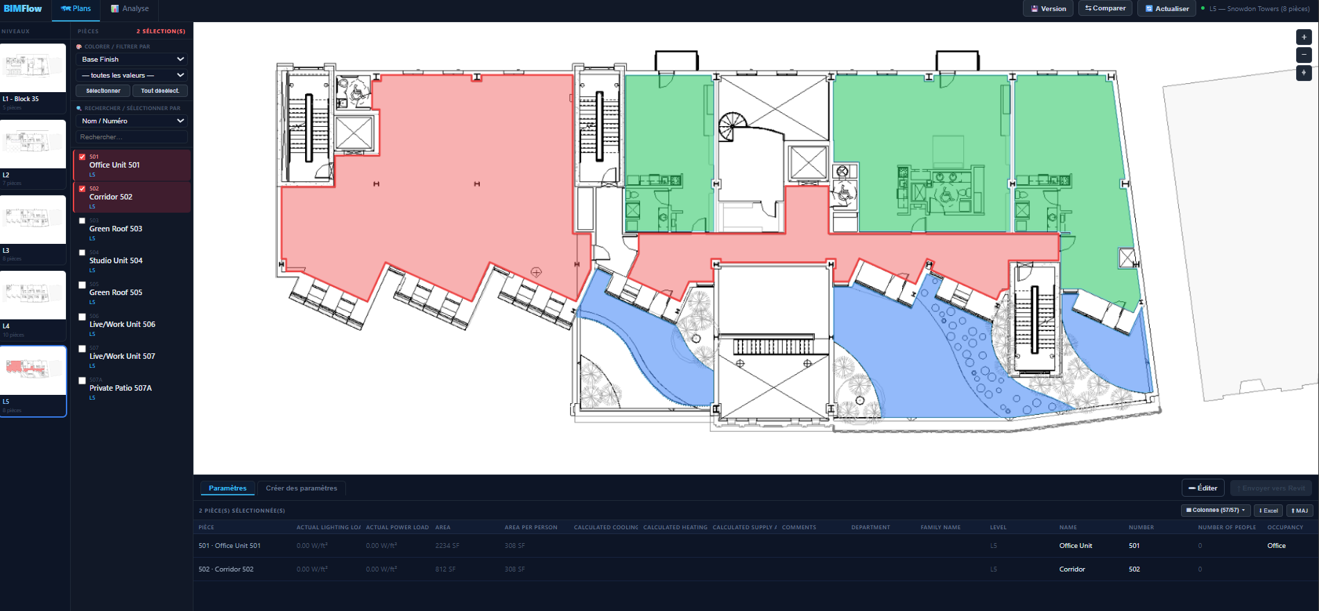 BimFlow — plan 2D interactif avec pièces colorées par paramètre